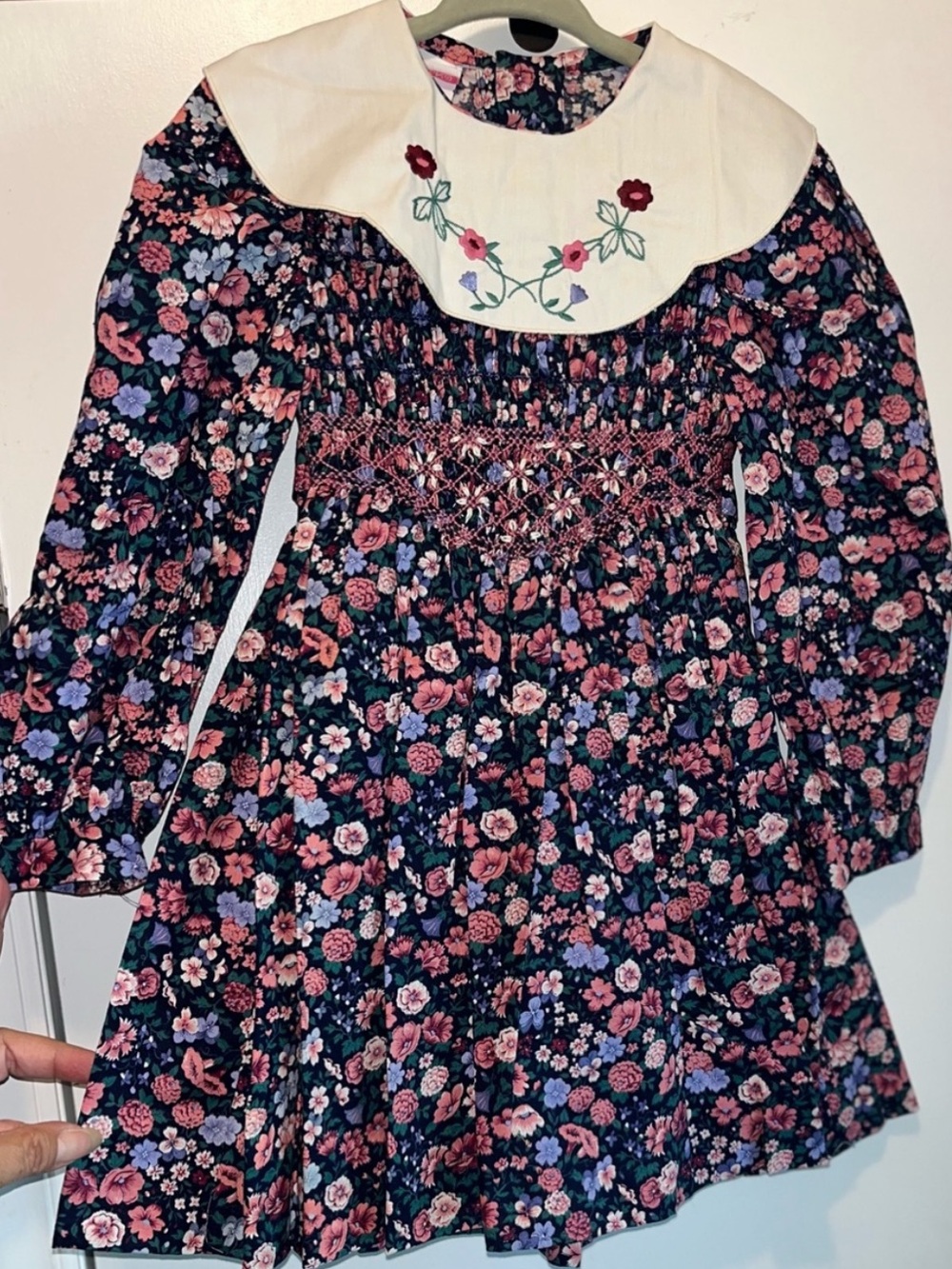 Polly Flinders Floral Smocked Dress with Embroidered Collar • Vintage • NWOT